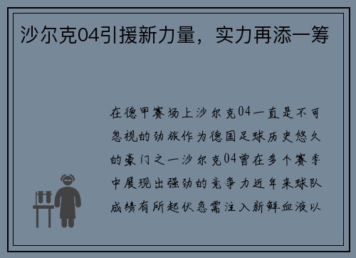 沙尔克04引援新力量，实力再添一筹